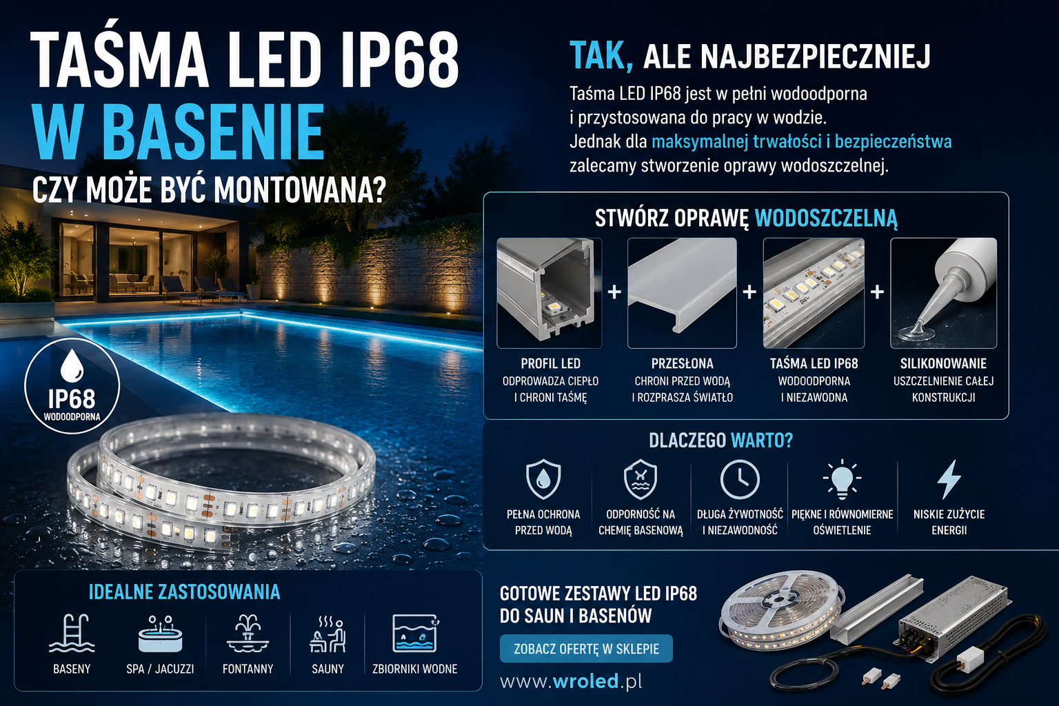 Taśma LED IP68 do basenu – czy można montować ją pod wodą?