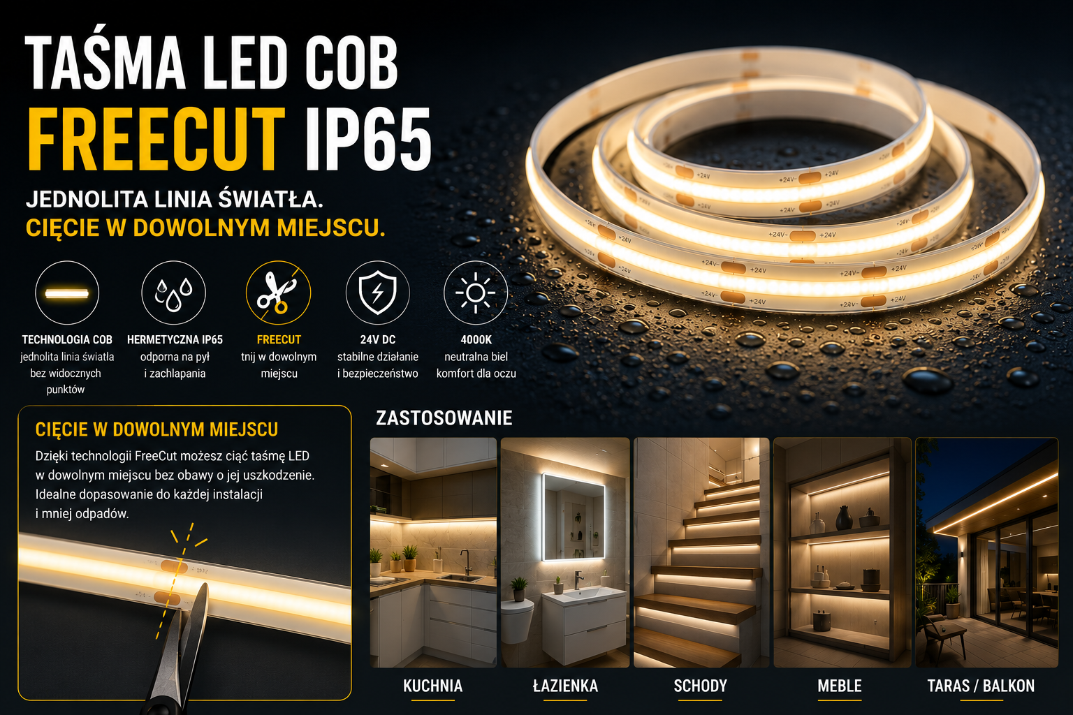 Taśma LED COB FreeCut – zalety, zastosowanie i możliwość cięcia w dowolnym miejscu