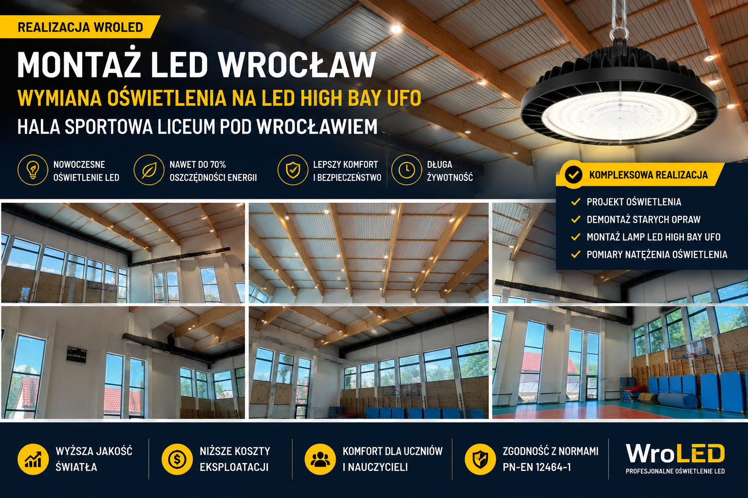 Montaż LED Wrocław – kompleksowa wymiana oświetlenia hali sportowej liceum pod Wrocławiem