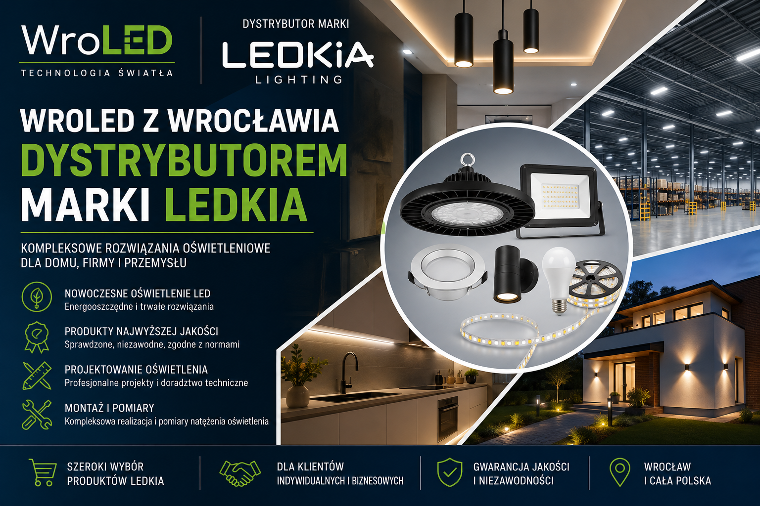 WroLED z Wrocławia – dystrybutor marki LEDKIA. Kompleksowe rozwiązania oświetleniowe dla domu, firmy i przemysłu