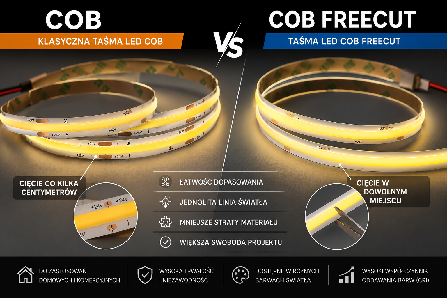 Taśma LED COB czy COB FreeCut? Porównanie technologii i zastosowań