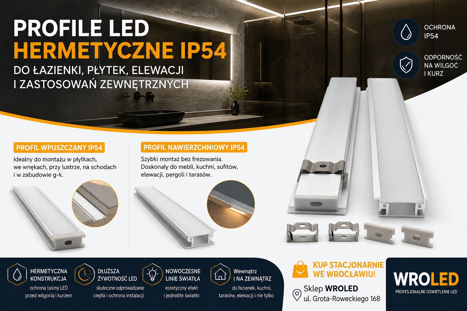 Profile LED hermetyczne IP54 – idealne rozwiązanie do łazienki, płytek, elewacji i zastosowań zewnętrznych