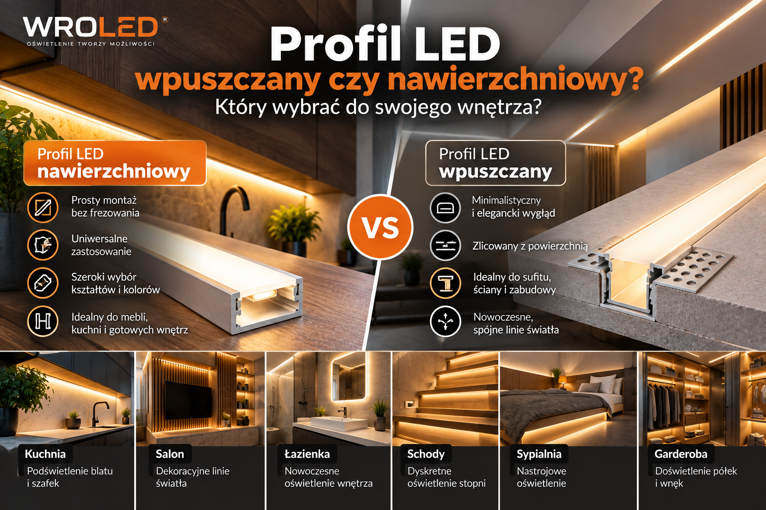 Profil LED wpuszczany czy nawierzchniowy? Porównanie